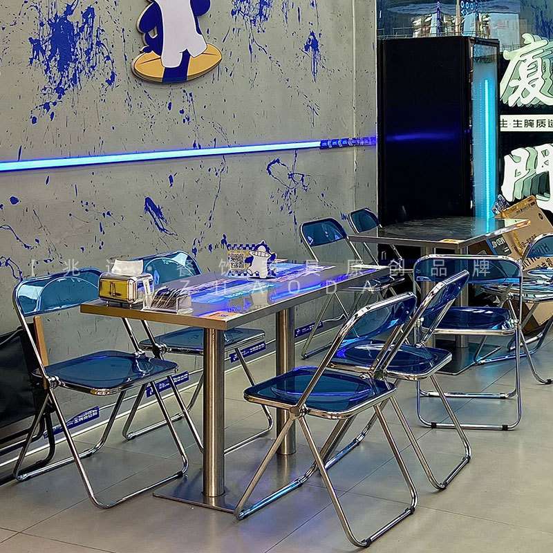 网红餐厅小吃桌子轻奢蓝色折叠椅子组合下午茶快餐店不锈钢餐桌椅