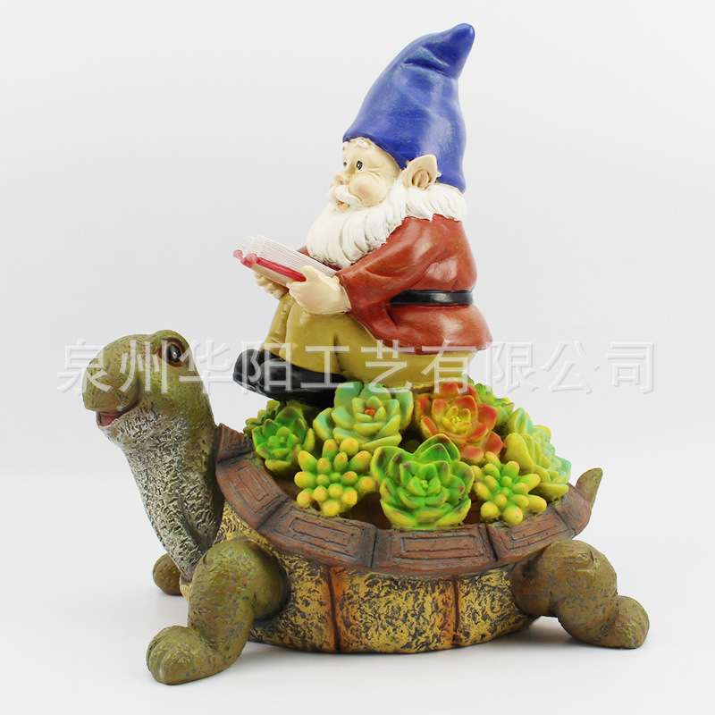 跨境花园新品太阳能小矮人坐多肉乌龟摆饰树脂工艺品精灵侏儒摆件