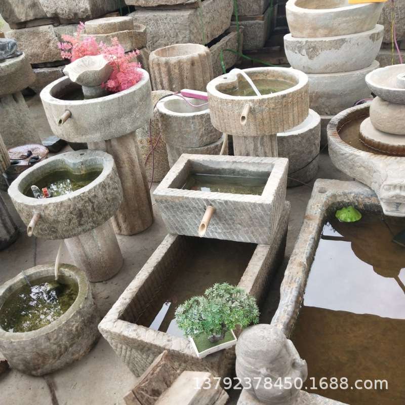 老石槽户外流水造景摆件庭院景观石磨水景旧石头鱼缸水槽阳台花盆
