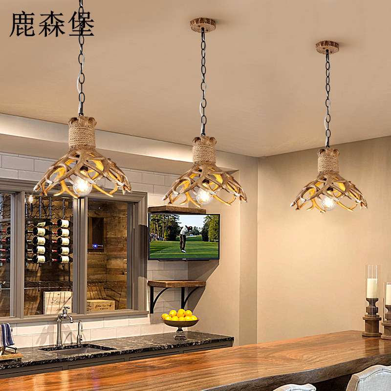 餐厅灯美式复古吧台厨房卡座岛台吊灯北欧创意咖啡厅民宿鹿角灯