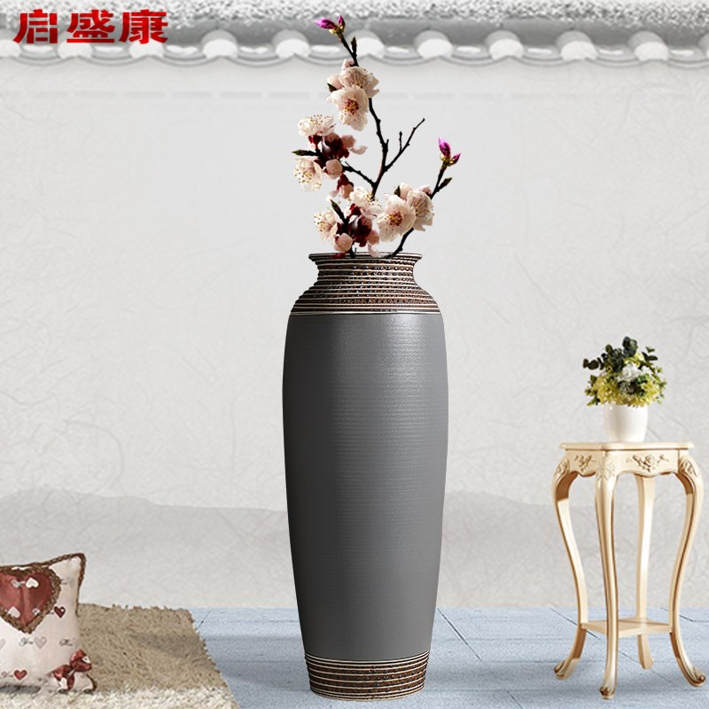 灰色大花瓶落地花器庭院花瓶玄关花瓶酒店花瓶客厅软装复古宽口瓶