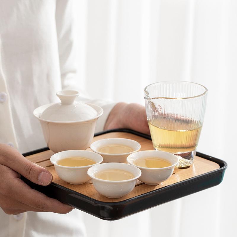 旅行茶具功夫茶具套装公道杯便携式户外旅游白瓷盖碗茶杯一壶四杯