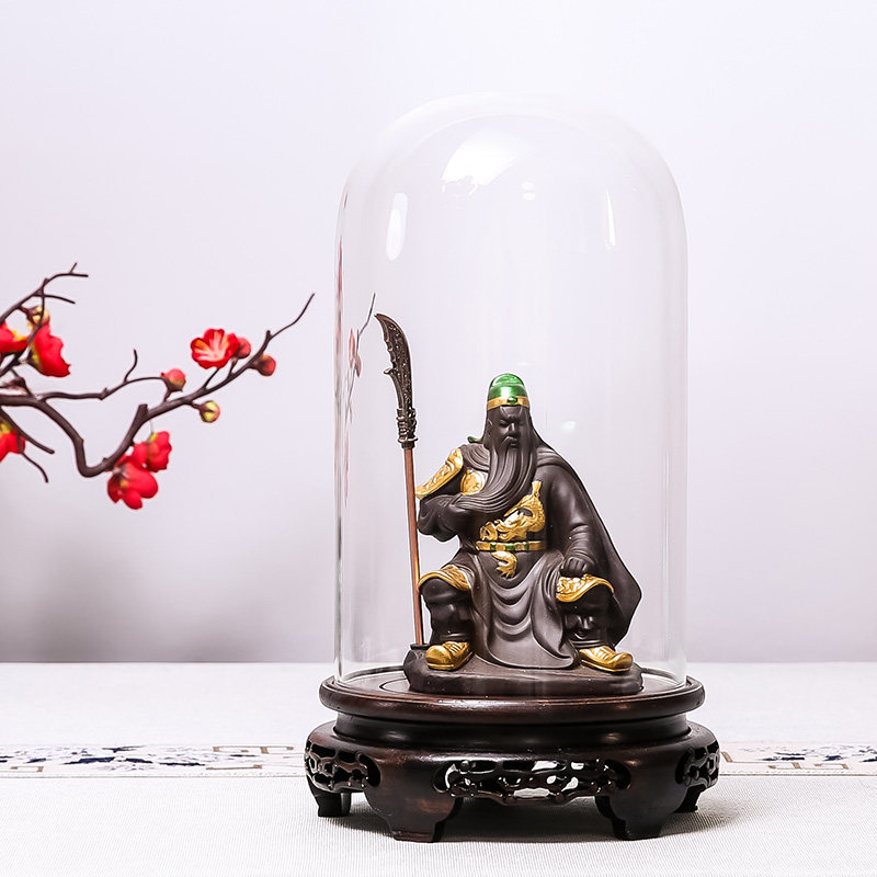 黑檀木圆形玻璃罩宝笼手办模型摆件工艺品玉石雕像佛像防尘展示盒