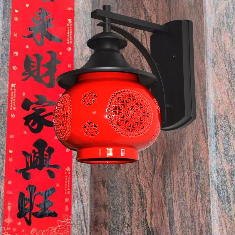 新中式户外庭院壁灯 红色陶瓷防水壁灯 别墅庭院适用