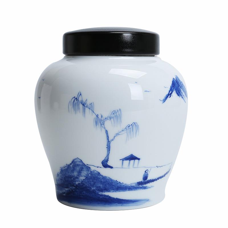 吉祥缘 德化白瓷茶叶罐陶瓷手绘画山水密封存储罐普洱茶缸防潮罐
