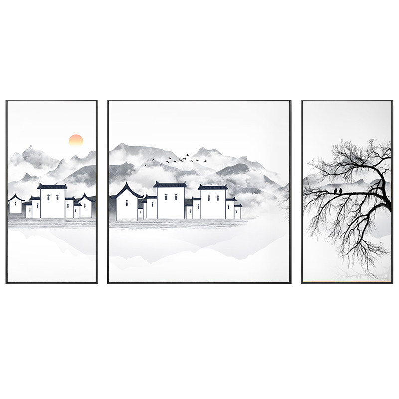 新中式卧室床头挂画客厅沙发背景墙装饰画中国风禅意山水三联国画