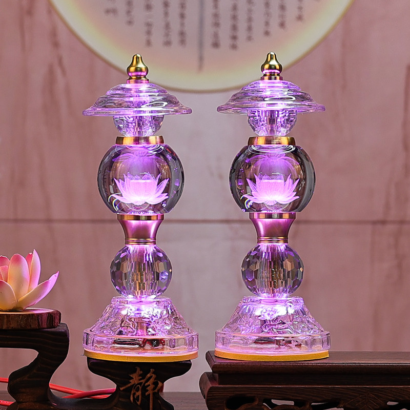 新款LED七彩水晶球莲花灯摆件玻璃供灯神台灯财神灯水晶荷花灯