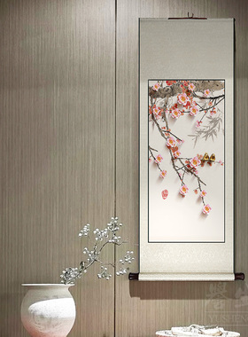 梅花中式卷轴挂画竖版玄关装饰画客厅走廊过道墙画餐厅书房壁画