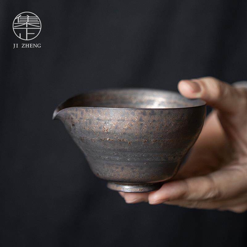 集正+薄胎陶瓷公道杯+铁锈釉大公杯茶具均杯复古铜色分茶器茶海