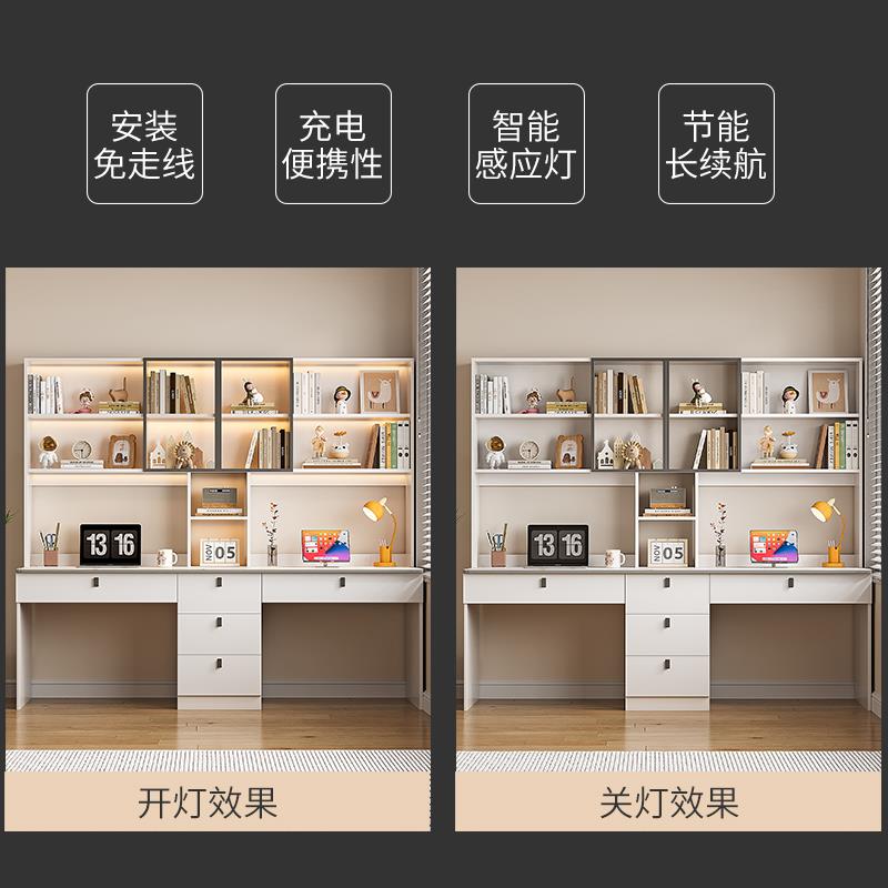 双人书桌书架一体桌子电脑桌卧室家用实木办公桌学生写字桌学习桌