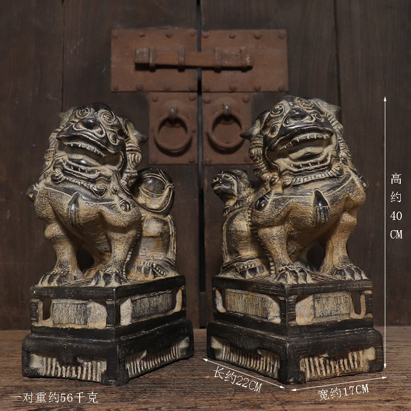 仿古石雕天然青石复古雌雄狮子一对中式案头茶席装饰摆件文玩收藏