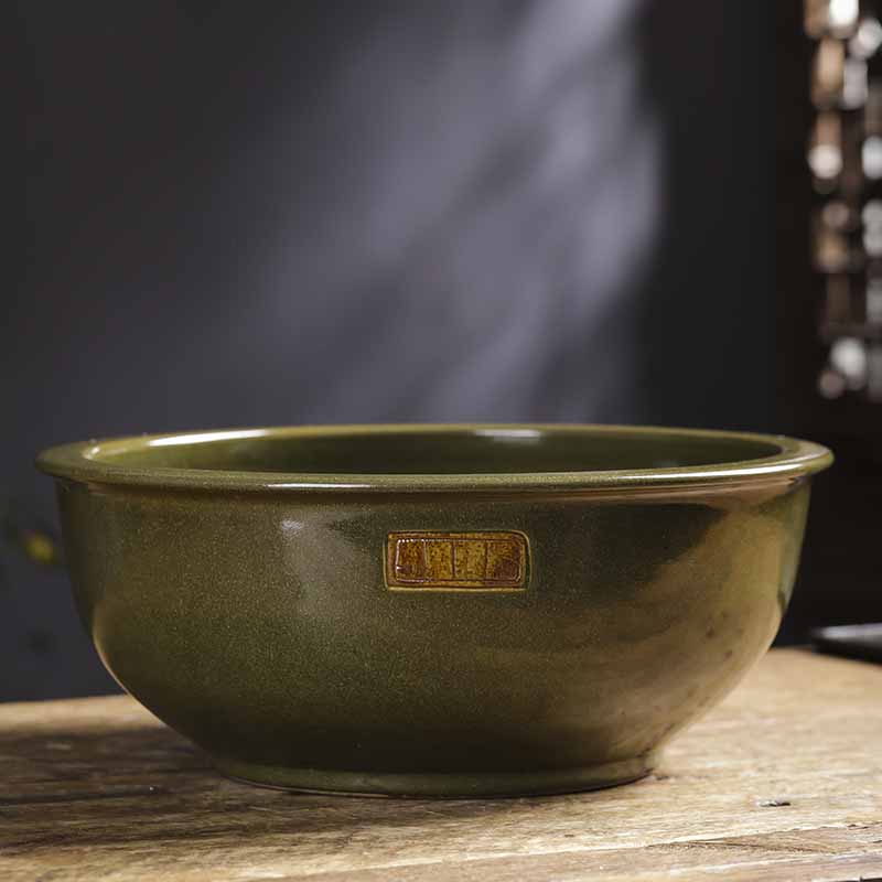 景德镇茶叶沫加厚陶瓷和面盆 新中式带盖揉面盆打蛋洗菜两用14寸