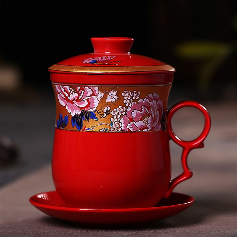 景德镇陶瓷茶杯带盖过滤水杯陶瓷泡茶杯茶具办公会议个人杯四件套