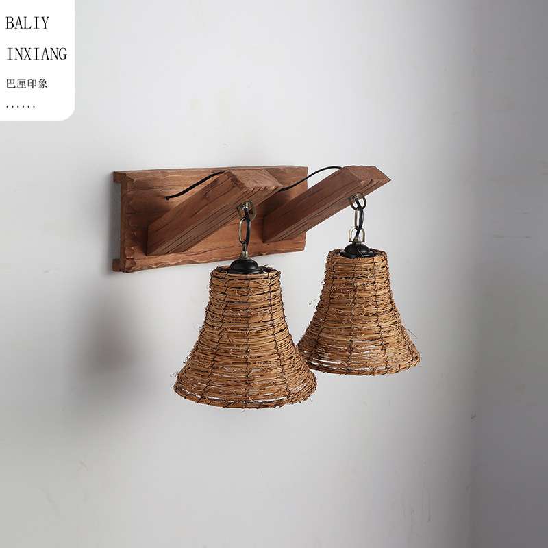 新中式民宿复古壁灯饰宋氏美学走廊过道卧室客厅设计师手工藤编