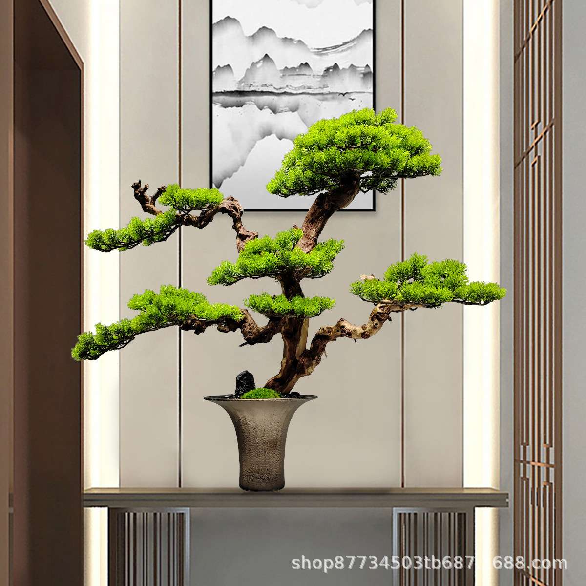崖柏盆景仿真迎客松绿植盆景摆件造景酒店软装仿真树玄关室内景观