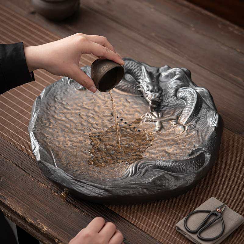 日式陶瓷干泡盘茶托盘鎏金铁釉储水排水两用复古粗陶茶盘茶台壶承