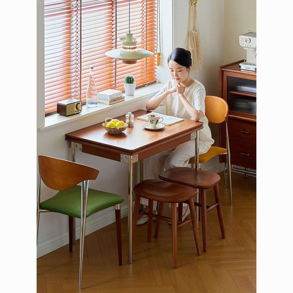 中复古实木折叠餐桌客厅家用小户型桌子2025新款长方形不锈钢饭桌