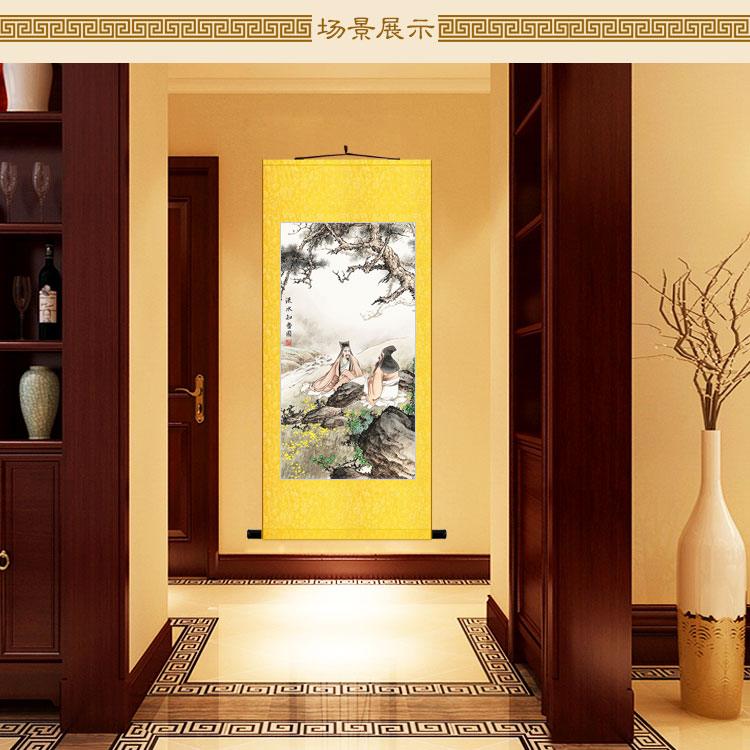 流水知音图画像 古代文人抚琴弹琴人物卷轴挂画 书房客厅装饰字画