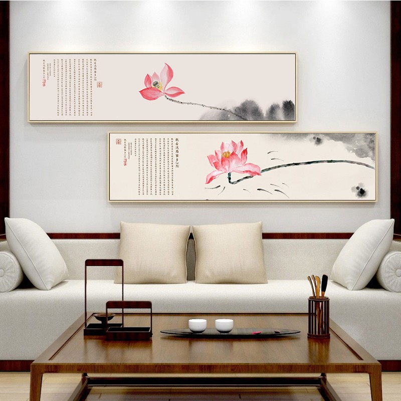 新中式装饰画心经横幅客厅背景墙茶楼禅意字画餐厅荷花水墨画卧室