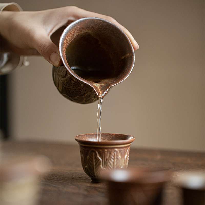唐宋备前烧日式粗陶公道杯 茶道配件茶海 刻花仿古陶瓷分茶公杯