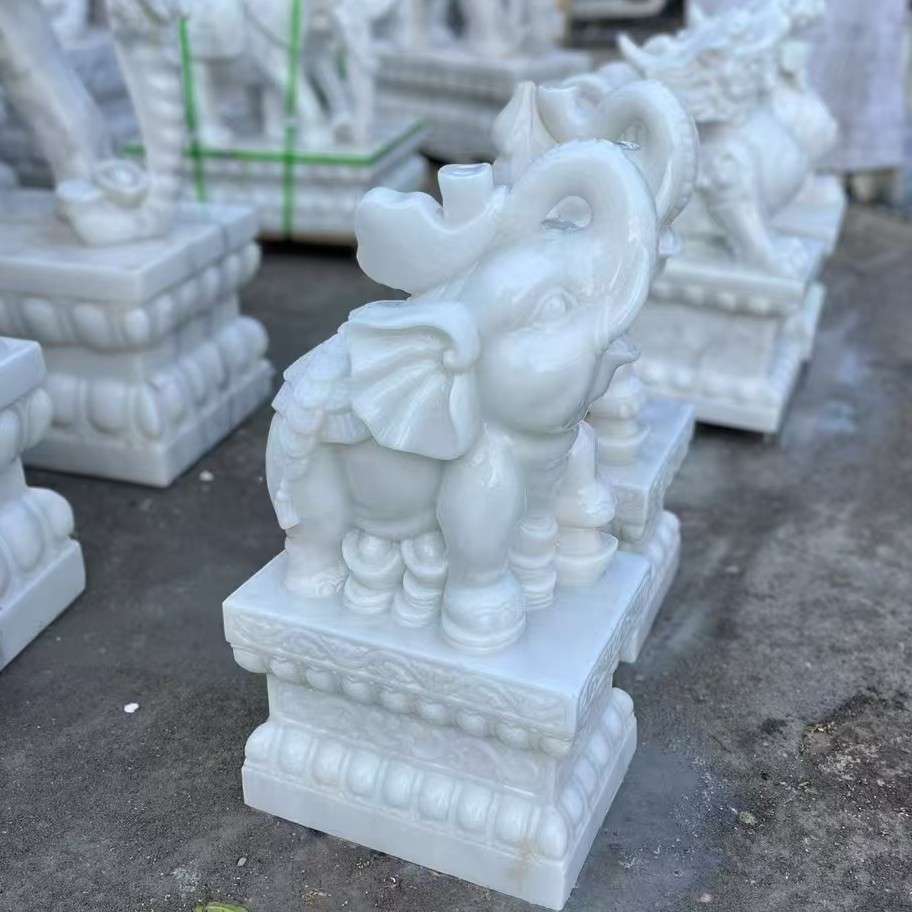 石雕汉白玉大象一对门墩抱鼓石门口翘鼻子石象别墅门口招财摆件
