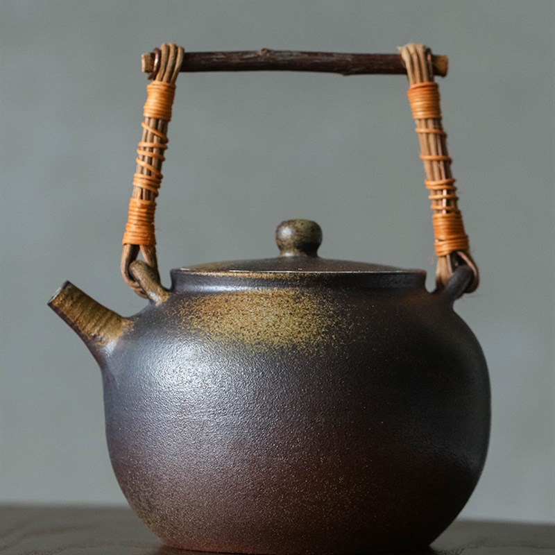 景德镇纯手工茶壶中式复古陶壶藤编提梁烧水壶煮茶壶煮茶器柴窑
