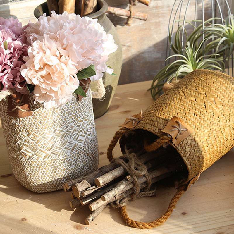 草编花篮收纳筐欧美乡村风花器手工自然森系田园墙挂装饰小,大摆
