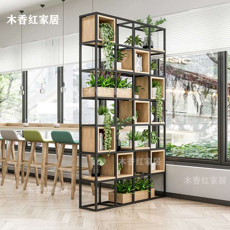 铁艺隔断置物架工业风装饰客厅餐厅实木格子架网红办公室书架落地