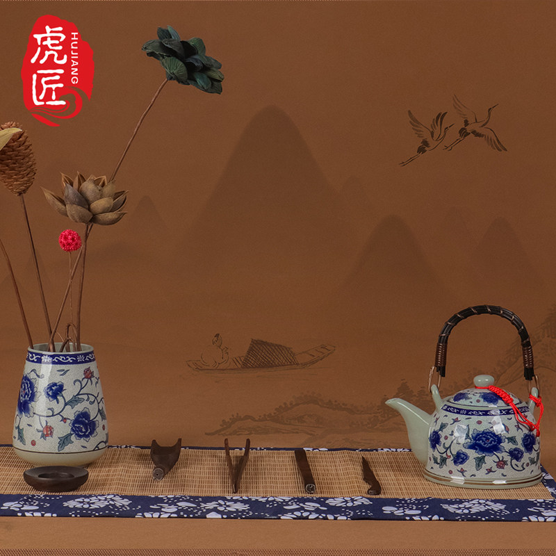 虎匠 青花瓷黑檀实木茶道六君子套装 中国风复古陶瓷功夫茶具配件