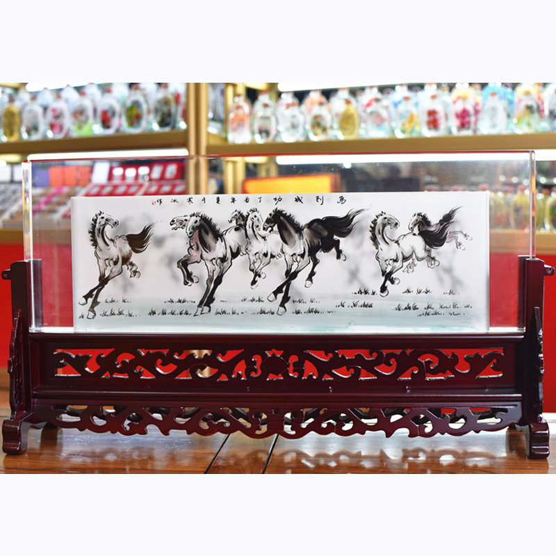水晶内画屏风玻璃八骏图办公桌礼品家居装饰礼物