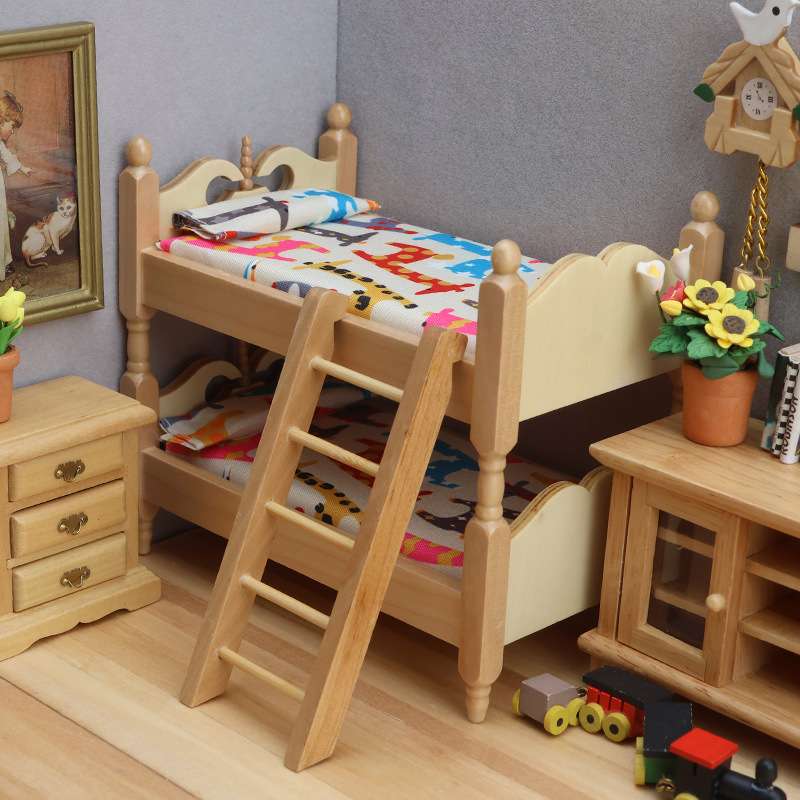 1:12娃娃屋迷你家具微缩模型ob11摆件儿童房木质双层叠床上下床