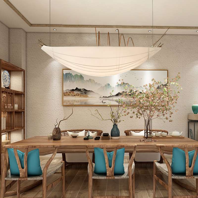 新中式布艺异形艺术吊灯民宿酒店设计师创意船形灯商场餐饮灯