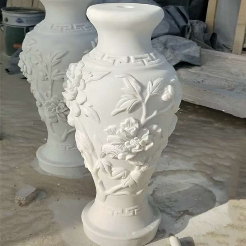 石雕花瓶雕塑一对汉白玉大理石材烛台插花祭祀墓地精雕