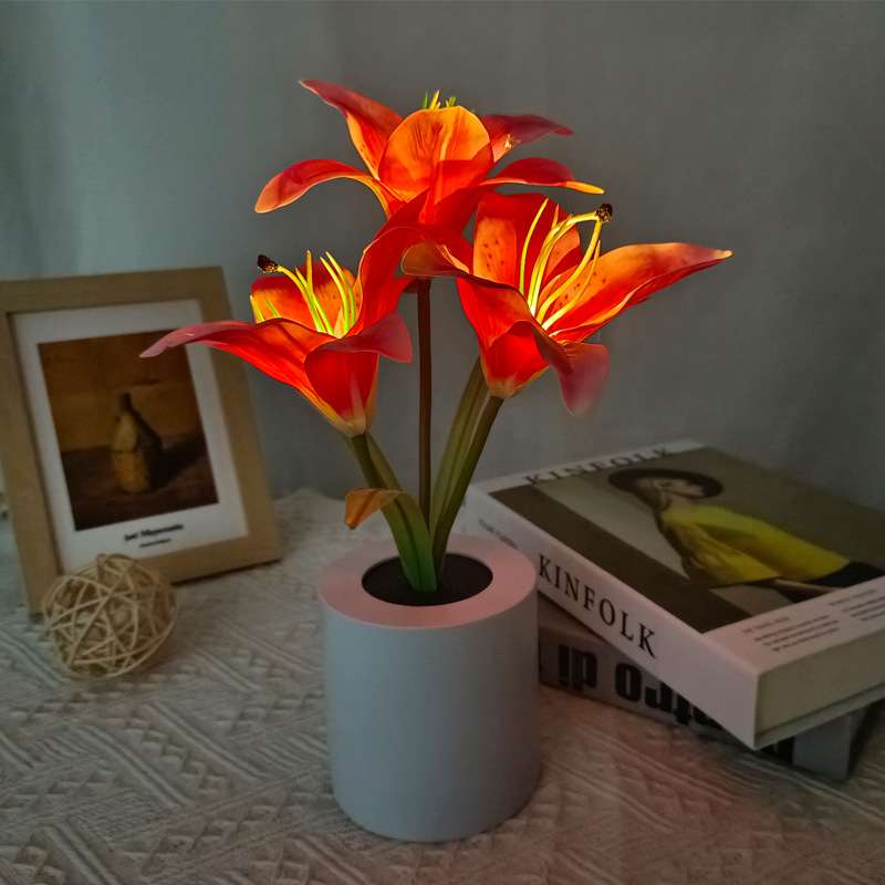 充电款led百合花盆灯室内摆件百合仿真花装饰台灯盆栽氛围小夜灯