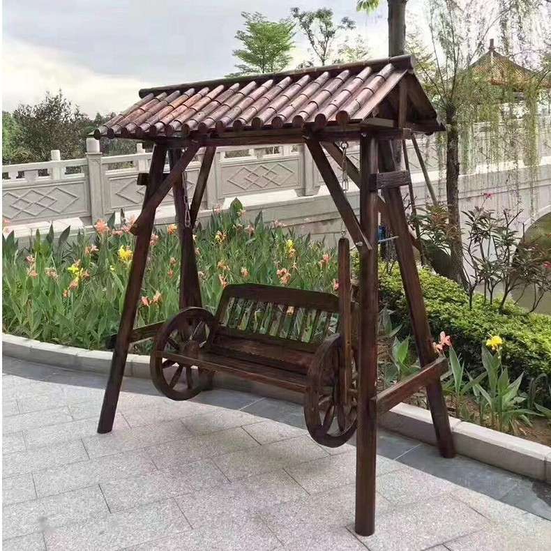 供应景区秋千椅古建筑防腐木碳化木园林仿古古建安全舒适