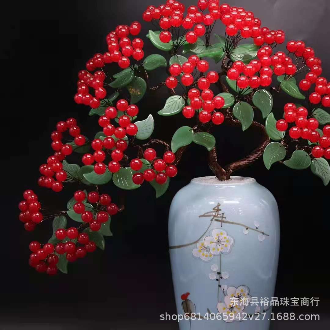 厂家供应红玉果硕果累累迎客松摆件 水晶玉果玉叶 水晶原石工艺品