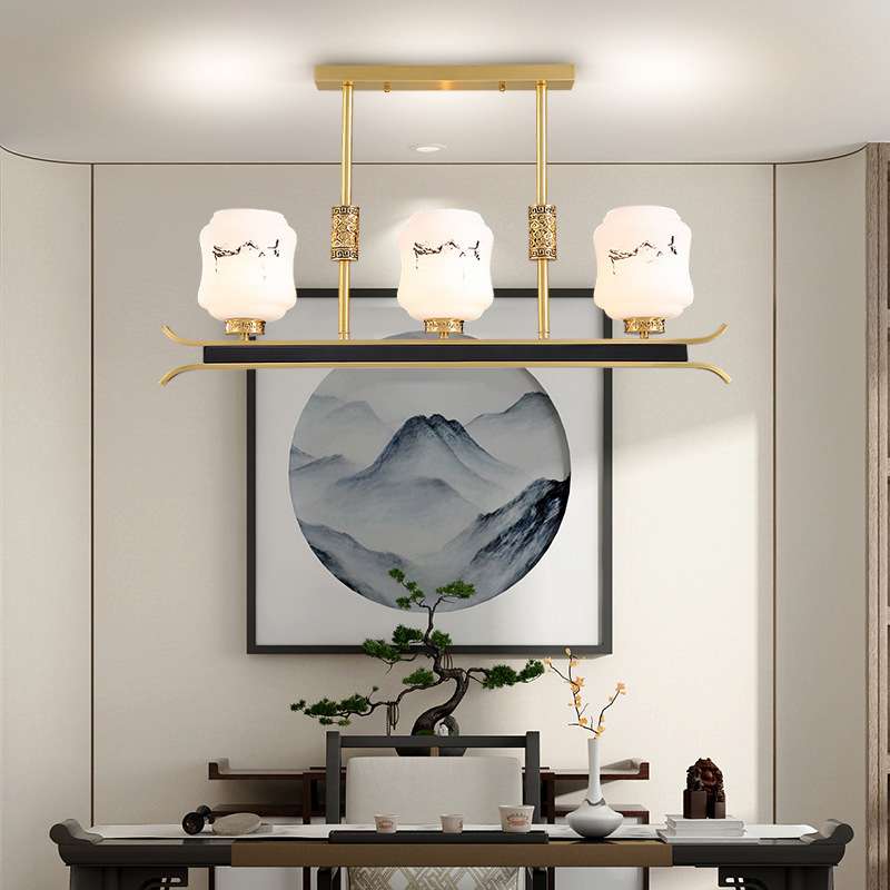 新中式餐厅吊灯简约现代中古风三头灯长条茶室酒楼书房古铜灯具