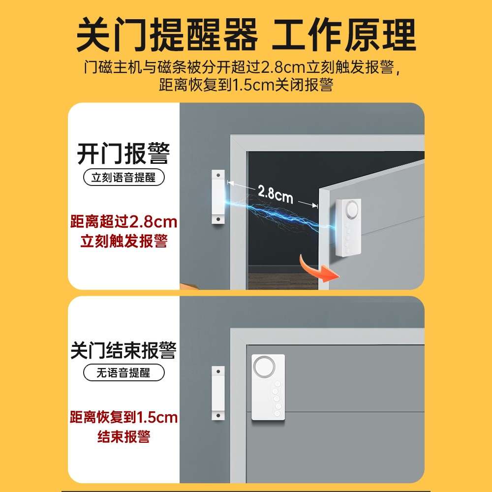 未关门提醒器门没关开门延时报警器防忘记冰箱冰柜门窗提示警报器