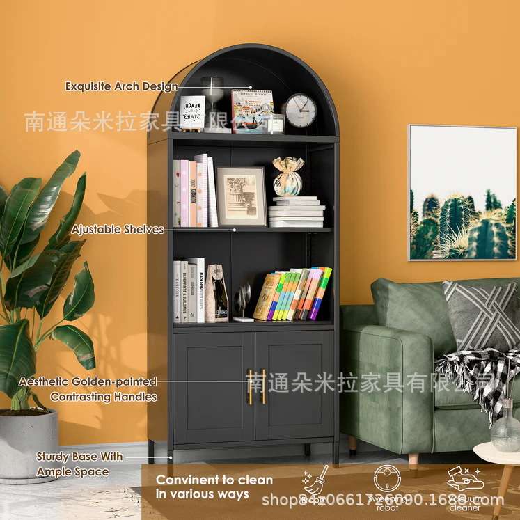 法式复古实木书柜落地白色拱形玻璃门家用客厅酒柜储物柜一体靠墙