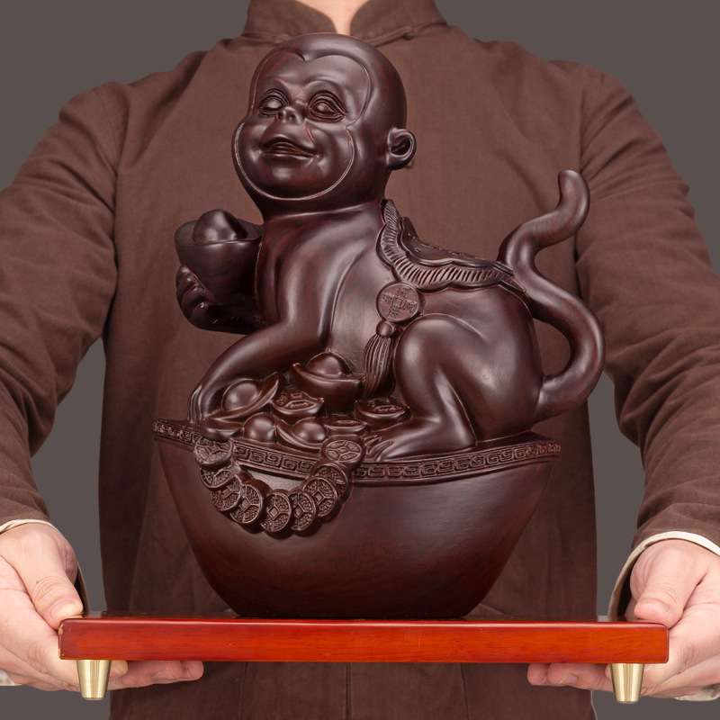 实木猴子摆件黑檀木雕刻生肖猴金猴聚财元宝工艺品家居客厅装饰品