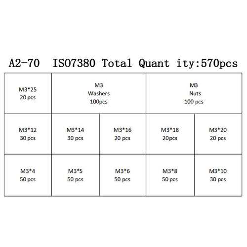 570pcs 圆头内六角盒装螺丝不锈钢盘头螺钉配螺母平垫组合M3x4-25