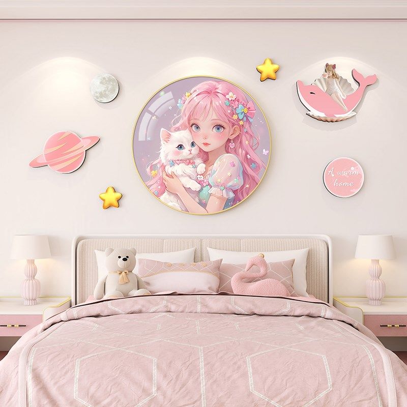 儿童房背景墙面装饰画女孩粉色房间壁画卡通动漫卧室床头挂画城堡