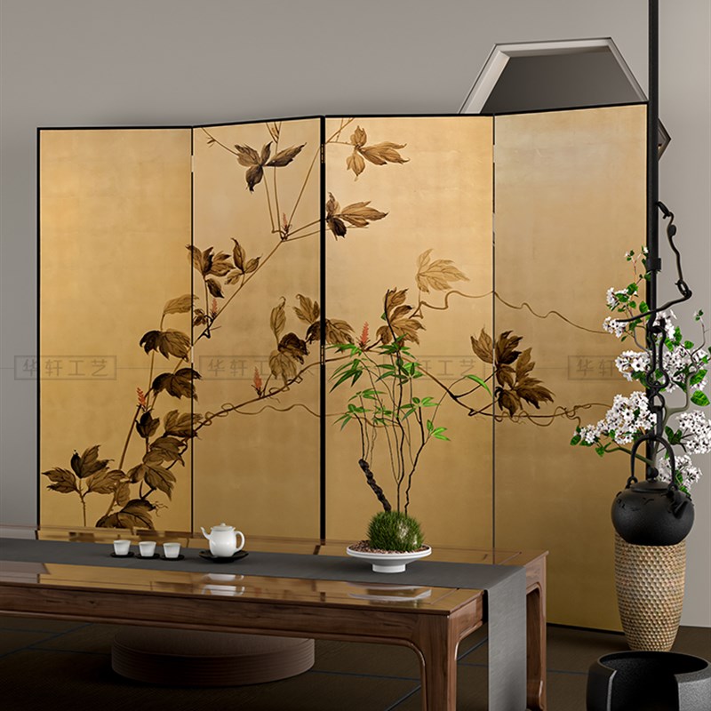 手绘复古金箔漆画屏风茶室玄关折屏中古法式花鸟画移动折叠可定制
