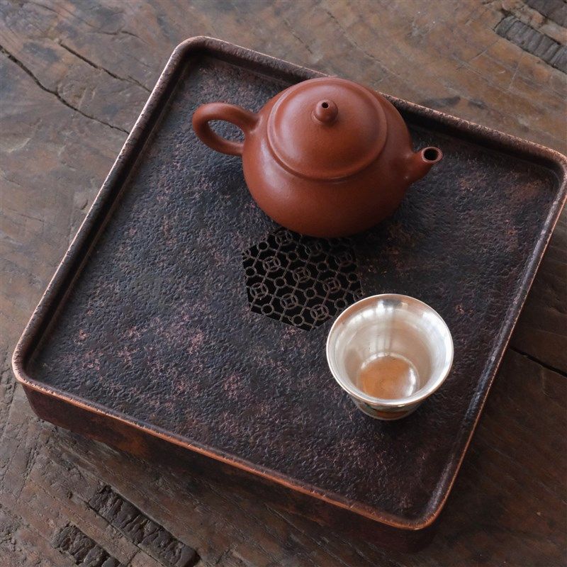 苏式窗花紫铜大号茶台 手工纯铜加厚茶盘干泡台壶承沥水茶海茶船