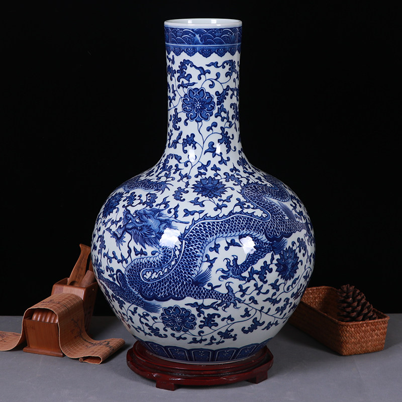 景德镇陶瓷器仿古缠枝莲青花龙纹落地大花瓶仿古中式客厅玄关摆件