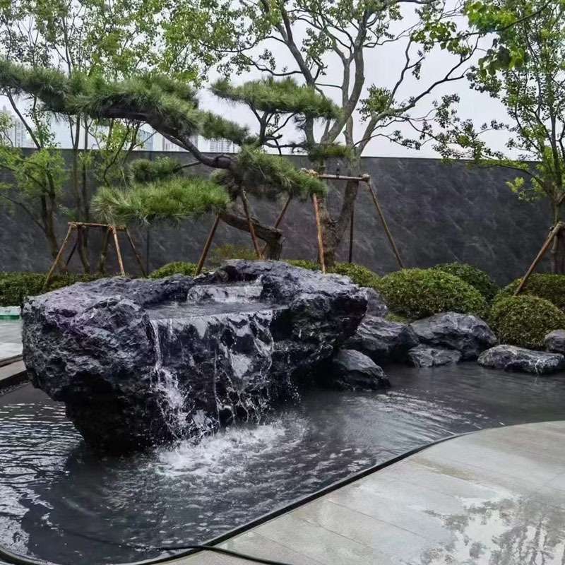 天然黑山石水钵流水切片大型园林庭院造景石异形景观石原石加工