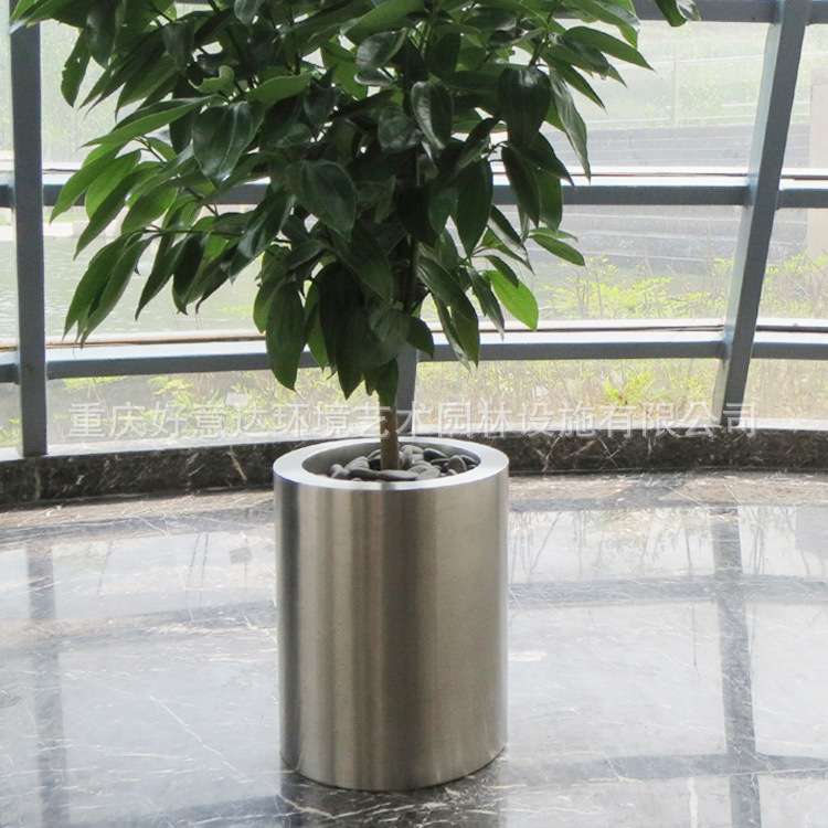 厂家直供室内外不锈钢镜面花盆商场办公楼植物花钵写字楼圆形花箱