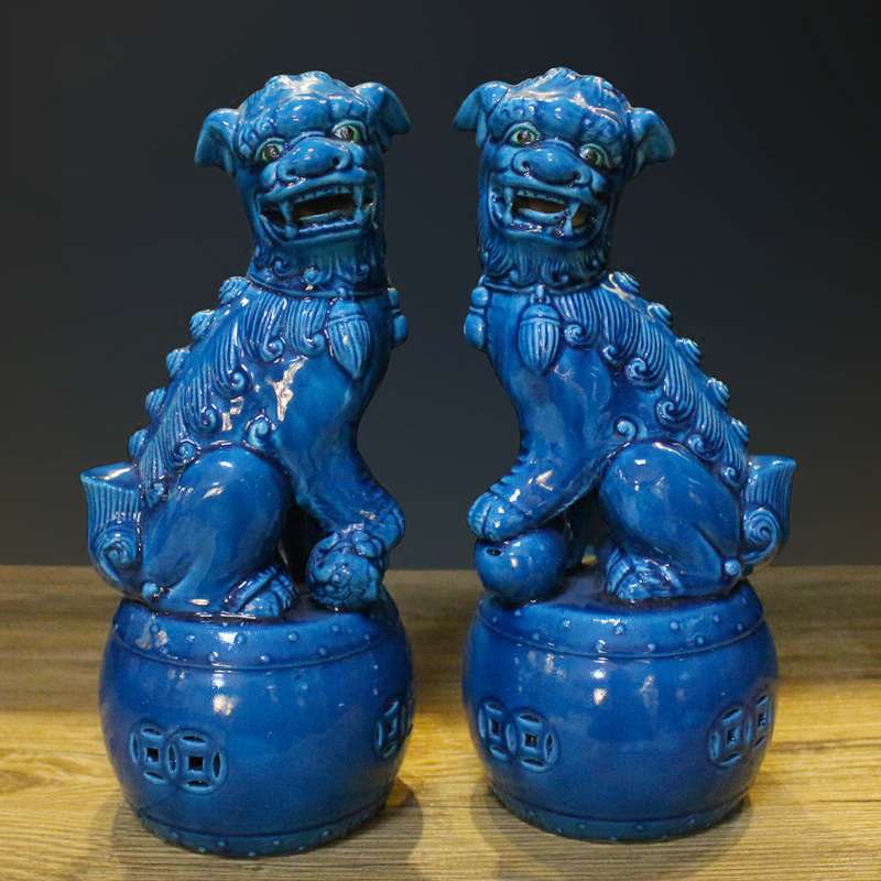 陶瓷蓝色陶瓷狮子摆件工艺品式 家居软装饰摆设瓷狮子一对