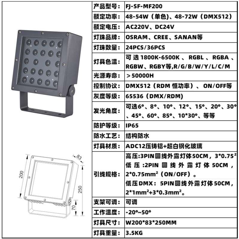 投光灯高光效LED48W54W72W彩光DMX512暖白别墅园林文旅景观灯亮化