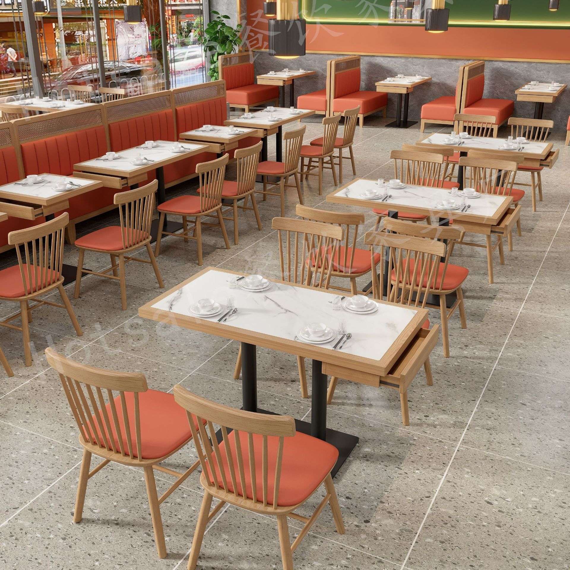 轻奢餐厅商用岩板成套餐桌椅中式茶楼饭店高端桌椅木边框岩板桌椅